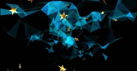 Flowing translucent blue polygonal mesh forming 3D ribbon in black void, with Stock Illustration