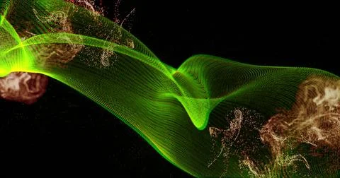 Flowing translucent green mesh undulating in black void, with gold-brown Ilustración de archivo