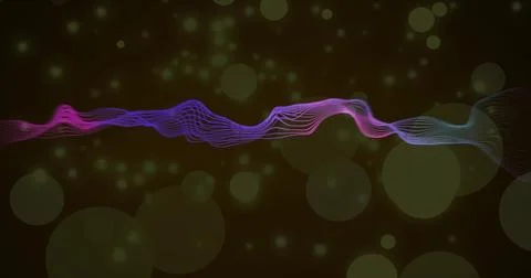 Flowing translucent ribbon undulating across dark studio void, with bokeh discs Stock Illustration