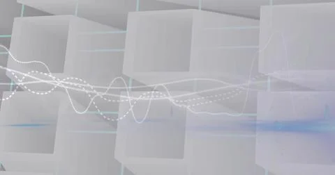 Flowing translucent waveforms crossing hollow cube grid in 3D studio, showing 스톡 일러스트