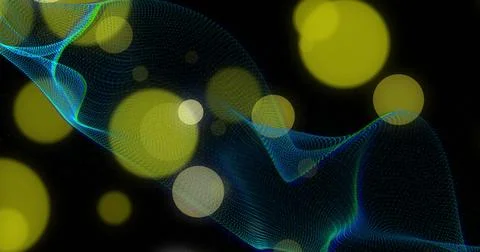 Flowing turquoise mesh wave weaving across black backdrop with yellow-green Stock Photos