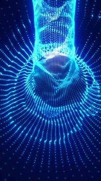 Flowing vortex made of glowing blue digital dots, forming a futuristic grid.. Stock Illustration