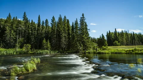 Flowing Waskesiu river - 4K Stock Footage 228345651