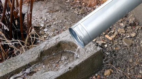 Flowing water in the gutter , melted snow from the roof at early spring. Stock Footage 86014837
