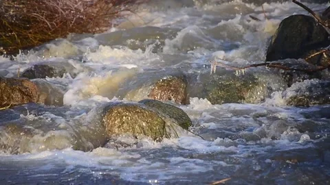 Flowing water in a rocky stream bed with light reflections in Ystad, Skane Stock Footage 331546066