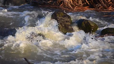 Flowing water in a rocky stream bed with light reflections in Ystad, Skane Stock Footage 332622486