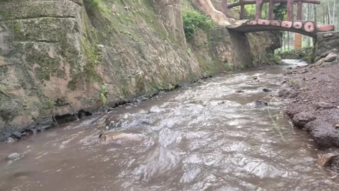 Flowing water slow motion under wooden bridge Stock Footage 296891018