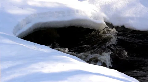 Flowing water under the snow-covered area Stock Footage 33642338