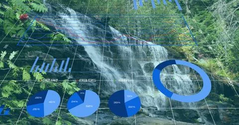 Flowing waterfall cascading down rocky cliff in forest, with 3D grid analytics Stock Photos