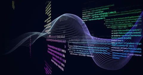 Flowing wave animation over colorful programming code lines on dark background Stock Footage 305431725