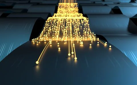 Flowing wave clothe with glowing particles, 3d rendering. Stock Illustration