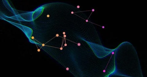 Flowing wave-like digital mesh animating data network, with connecting lines, Stock Photos