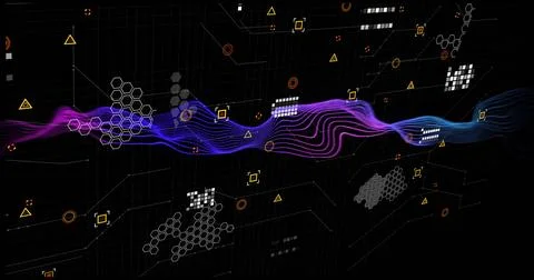 Flowing wave image over digital data and geometric shapes on black background 스톡 일러스트
