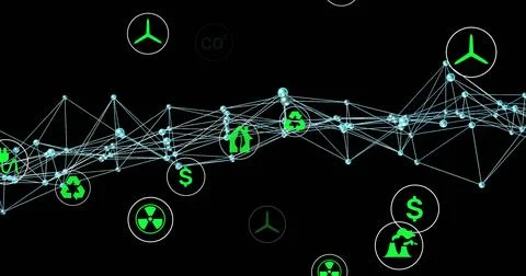Flowing wave-like network moving in abstract space, with glowing nodes and neon Stock Illustration