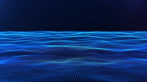 Flowing wave surface of glowing blue digital lines with depth effect. Moder.. イラスト素材