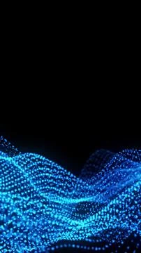 Flowing waves of blue glowing data particles forming a digital terrain agains Stock Illustration