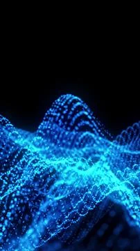 Flowing waves of blue glowing data particles forming a digital terrain agains 스톡 사진