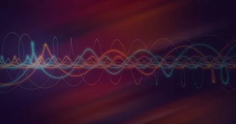 Flowing waves featuring intertwining dotted and solid neon sine lines on purple Stockillustratie