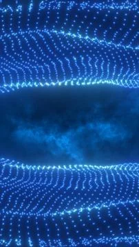 Flowing waves of glowing blue dots forming a symmetrical digital curtain over Stock Photos