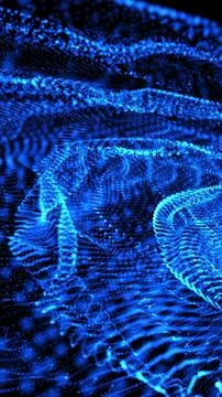 Flowing waves of glowing blue particles forming a digital abstract landscape Illustrazione stock