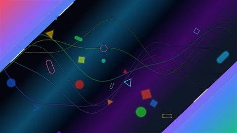 Flowing Wavy Lines And Memphis Shapes On Dark Gradient Background Stock Footage 340782550
