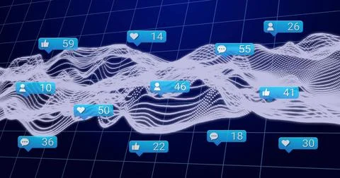 Flowing white 3D waveform mesh forming peaks across dark blue grid, showing Stock Illustration