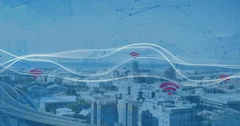 Flowing white dotted data stream overlaying urban cityscape during daytime, with Stock Photos