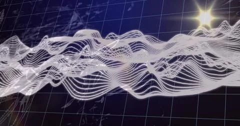 Flowing white dotted mesh wave across 3D grid plane, with world map outlines and Stock Photos