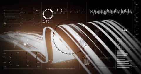 Flowing white light ribbons forming depth on dark digital dashboard with Illustrazione stock