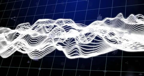 Flowing white wave representing data crossing 3D dark grid plane, with social Stock Illustration