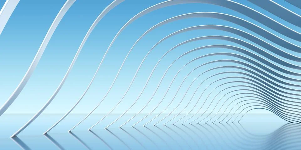 Flowing White Wave Structure Framing Blue Light Horizon - 3d Illustration Illustrazione stock