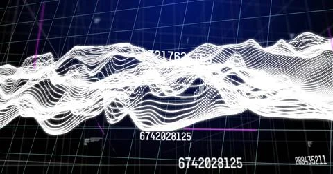 Flowing white waveform across blue 3D wireframe grid with numeric labels and 스톡 사진