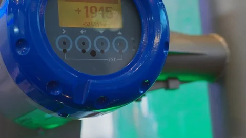 Flowmeter water counter with density and speed value counts Stock Footage 105378002