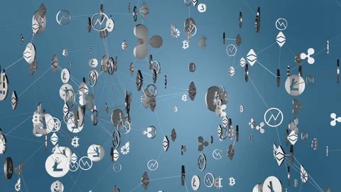 The flows of flying icon-flying crypto-currencies are interconnected. economic Stock Footage 82996389