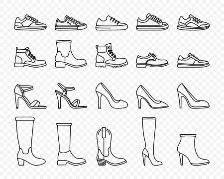 Flta Vector Linear Male and Female Shoes Icon Set Isolated. Sneakers, Shoes Illustrazione stock