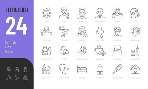 Flu and Cold Line Editable Icons set. Stock Illustration