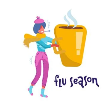 Flu and Sickness Concept with Sick Person Having Cold. Ill ypung woman with W Stock Illustration