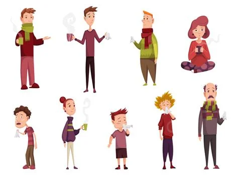 Flu cold. Flu or common cold treatment at home. Man and woman with cup or Stock Illustration