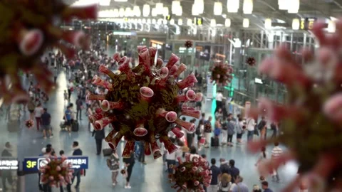 Flu coronavirus floating on air at passenger boarding area terminal airport-Dan Stock Footage 147353657
