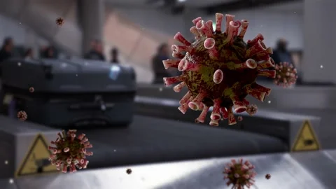 Flu coronavirus floating air with suitcase on luggage conveyor belt airport-Dan Stock Footage 147354919