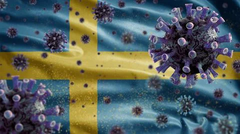 Flu coronavirus floating over Swedish flag. Sweden and pandemic Covid 19 viru Stock Illustration