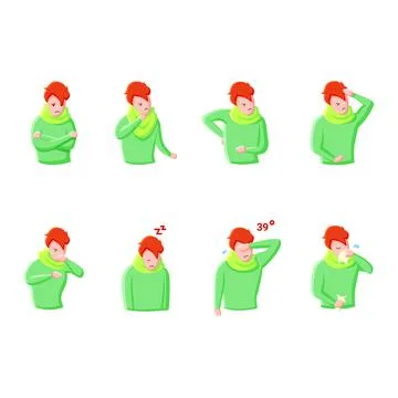 Flu disease flat icons set. Color illustrations Stock Illustration