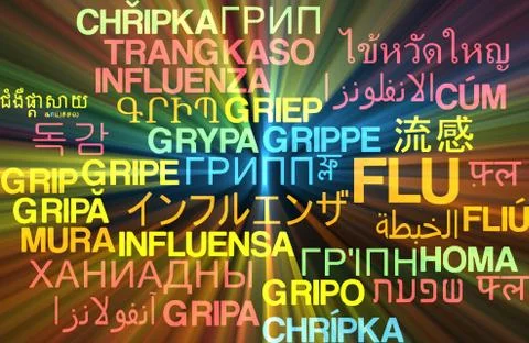 Flu multilanguage wordcloud background concept glowing Illustrazione stock