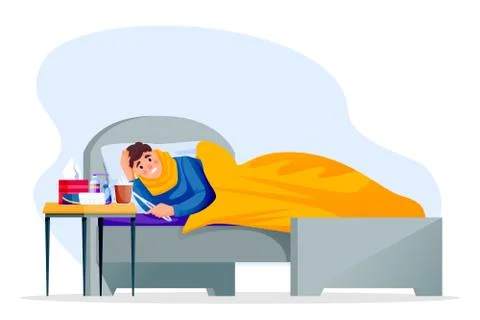 Flu sick young man lying in bed under blanket. Boy have autumn or winter seas Stock Illustration