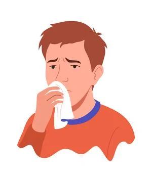 Flu symptom. Man showing cold symptom. Runny nose illness. Vector flu prevention 库存插图