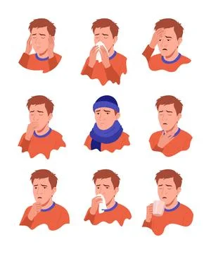 Flu symptoms. Man showing cold symptoms. Flu symptoms fever, cough, chills Stock Illustration
