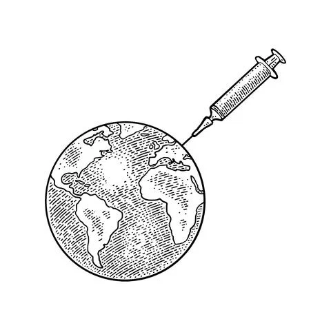 Flu vaccination to a earth planet globe. Engraving vintage poster pandemic CO Stock Illustration