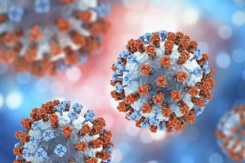 Flu virus, close-up view, 3D illustration Illustrazione stock