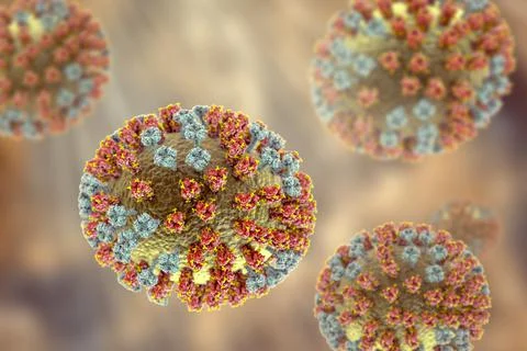 Flu virus, close-up view, 3D illustration Illustrazione stock