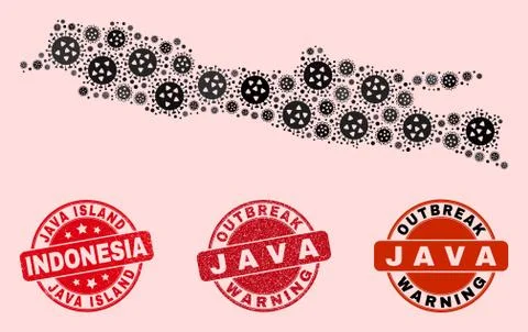 Flu Virus Collage of Mosaic Java Island Map and Distress Stamps Stockillustratie